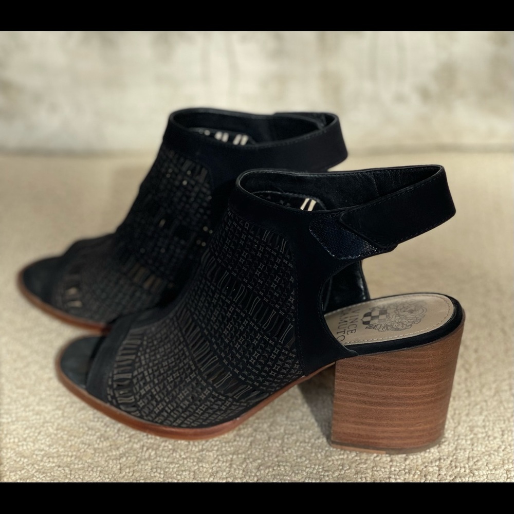 Vince Camuto suede sandal with wooden block heel. Gently used (worn twice).